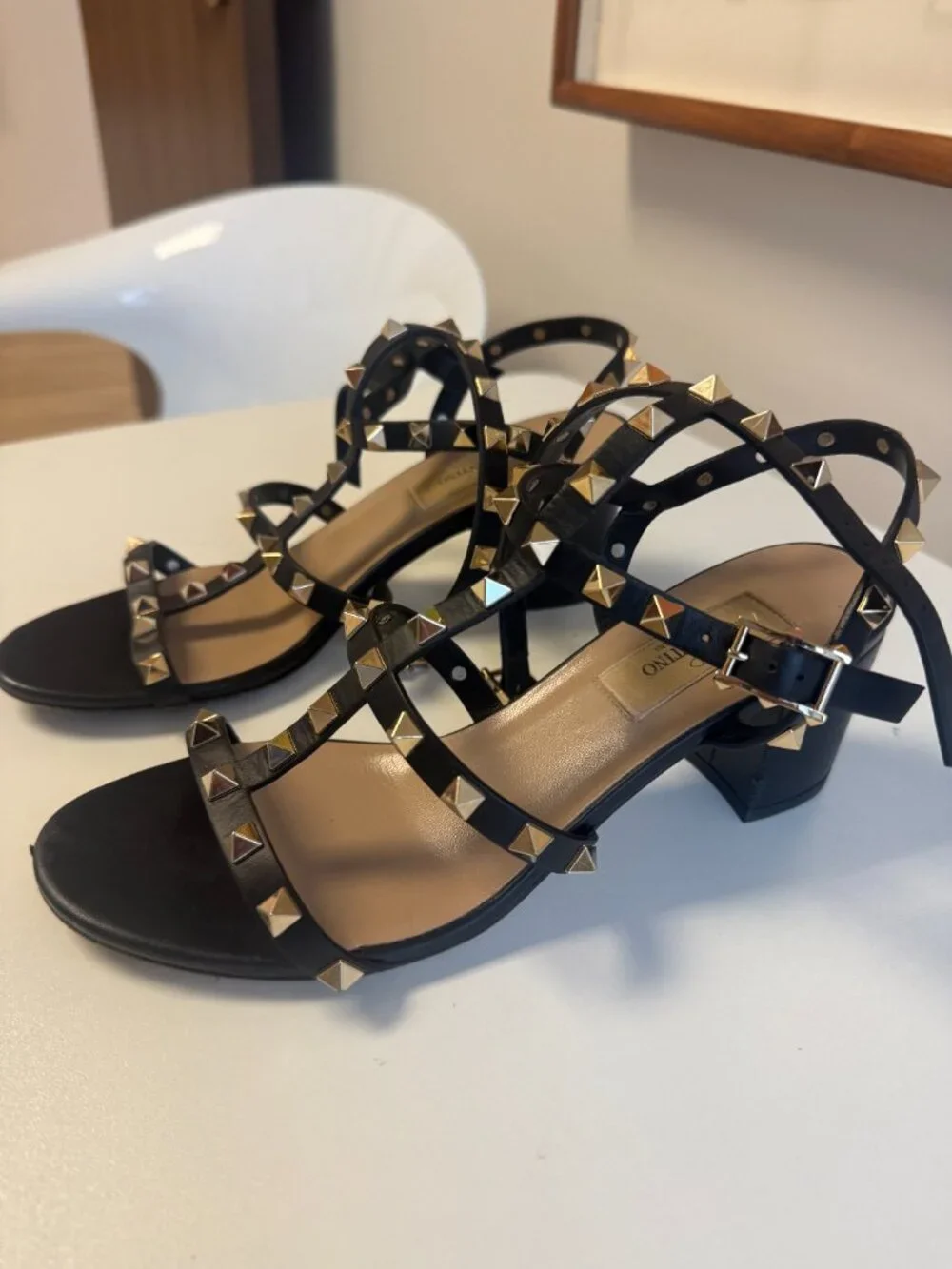 Valentino Garavani Rockstud Black Leather Block Heel Sandal 37.5